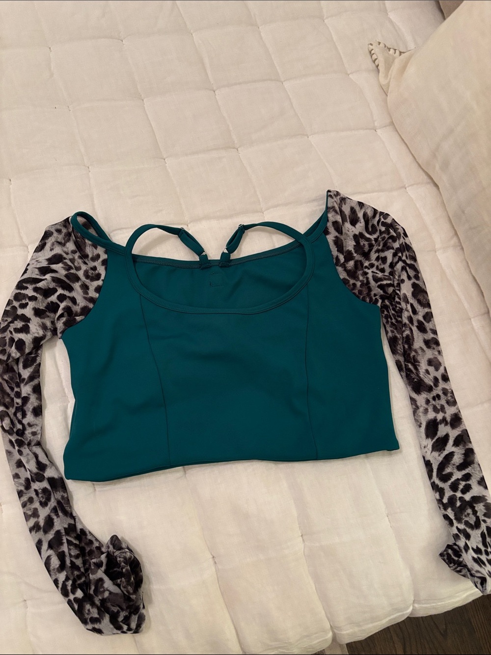 Teal Long-Sleeve Leopard Accent Sports Bra